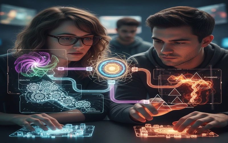 Flowchart illustrating cognitive processes activated during strategic gaming including analysis and planning