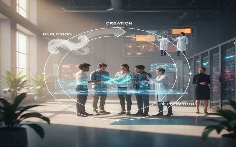 Quality assurance workflow showing review stages from creation through testing to deployment and iteration