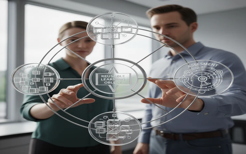 Diagram showing key design principles for reusable learning objects including modularity and assessment
