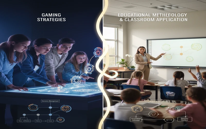 Comparison showing how gaming strategies translate into educational methodology and classroom application