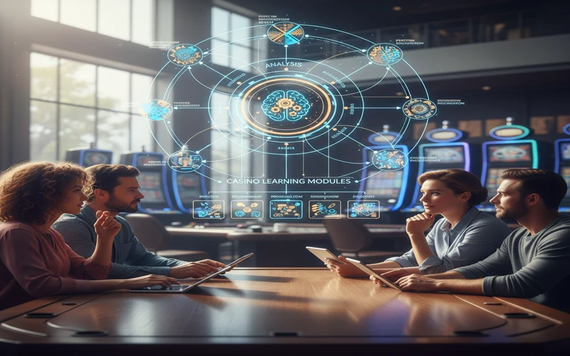 Diagram showing cognitive skills developed through casino learning modules including analysis and decision-making